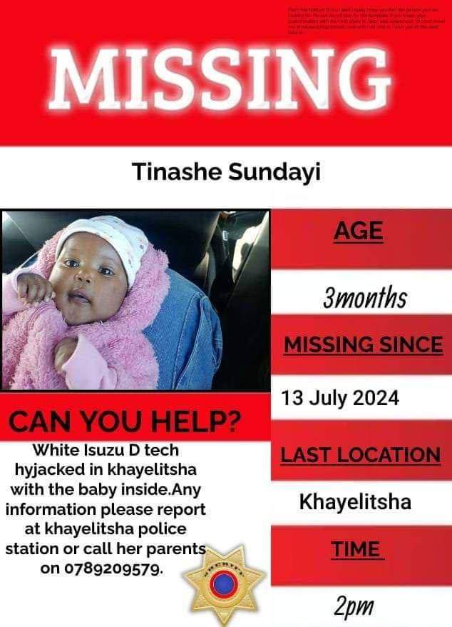 LeratoPillayZA's tweet photo. ⚠️ Missing Child Alert⚠️
White Isuzu hyjacked with a child inside 
📍Khayelitsha, Cape Town https://t.co/ZwLpL7bzDa