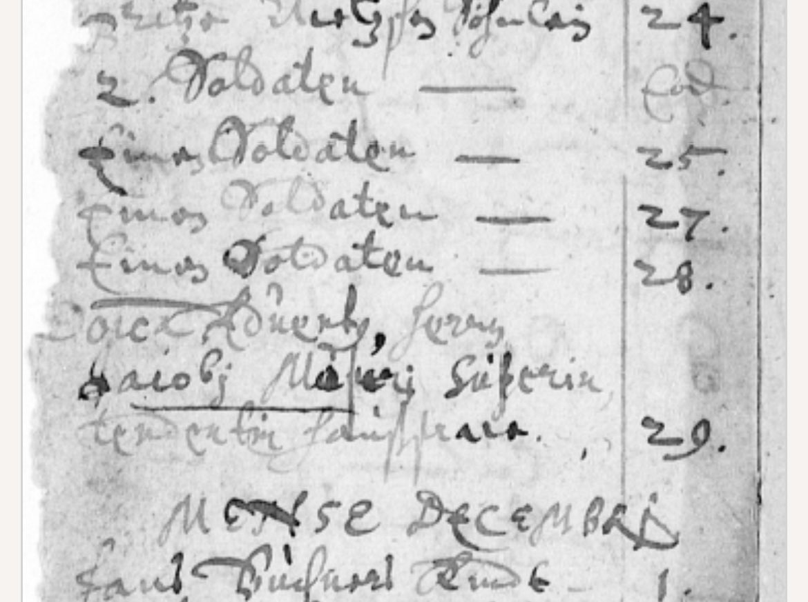 How sad: nameless soldiers (“ein Soldat” = a soldier) listed under burials for November 1635, St. John the Baptist Lutheran Parish in Stassfurt, Saxony. This was during the Thirty Years War. #history #germany