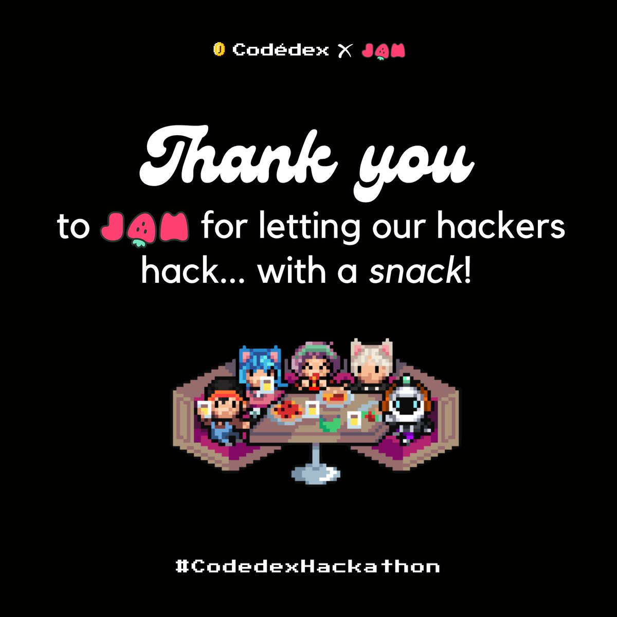 codedex_io's tweet image. hacking’s better when… you’re snacking. 😋 

big thank you to @jamdotdev for sponsoring our food raffle! 🍓✨ #CodedexHackathon