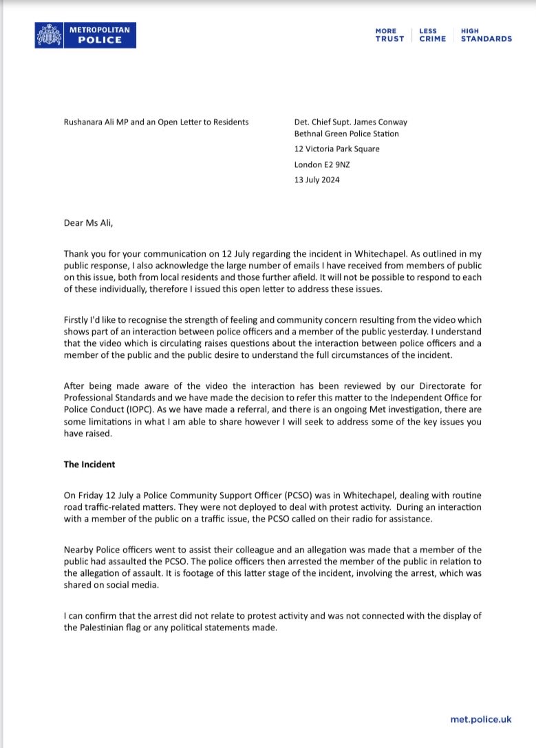 rushanaraali's tweet photo. I welcome self referral to Independent Office for Police Conduct following our concerns regarding the incident in Whitechapel involving police &amp; a member of the public.Important for fairness &amp; transparency that investigations take their course, progressing swiftly and diligently. https://t.co/K5356qkxh4