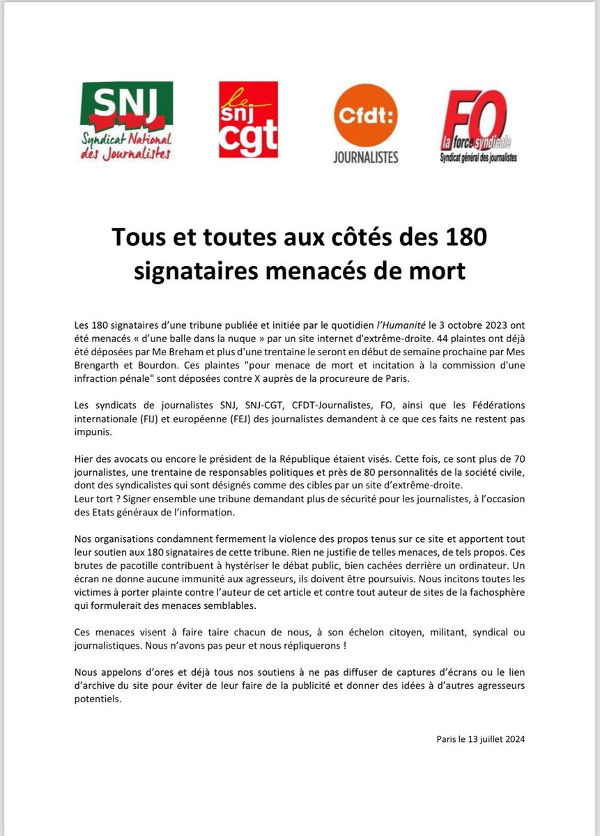 SnjCgt's tweet photo. Ces menaces visent à faire taire chacun de nous, à son échelon citoyen, militant, syndical ou journalistiques. Nous n’avons pas peur et nous répliquerons!
Nous portons plainte et demandons à ne pas diffuser des captures d’écran ou le lien d’archive si site.
⁦@BinetSophie⁩ https://t.co/WSZD56HNz0