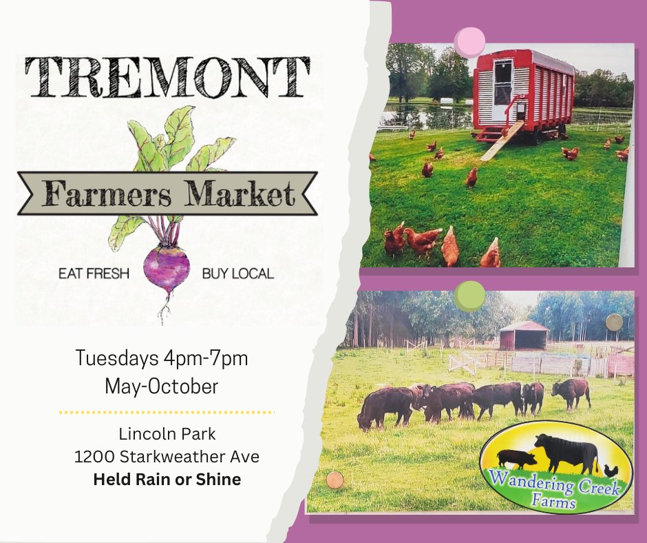 Join us Tuesday from 4-7 pm at the Tremont Farmers' Market, hosted by <a href="/TremontWest/">Tremont West (TWDC)</a> and check out the high quality meat offered by Wandering Creek Farms, including their delicious jalapeno and cheddar chicken patties!