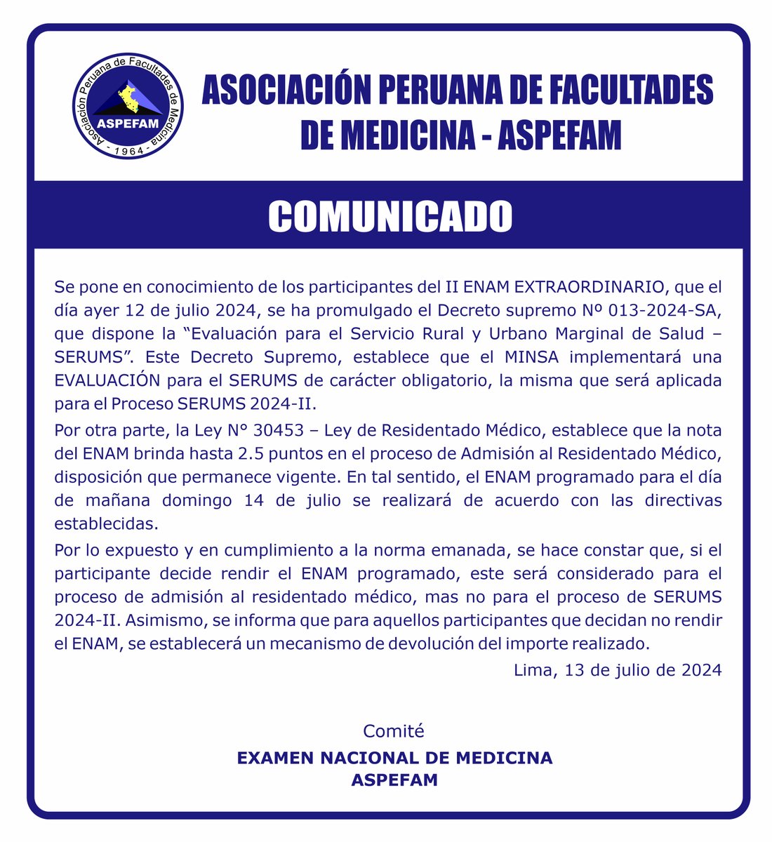 ASPEFAM's tweet photo. ✅ COMUNICADO ENAM 13.07.2024
➡️ Web: https://t.co/XfGqRzHe0A
#ASPEFAM #ENAM #EducacionMedica https://t.co/upxHiAYGnb
