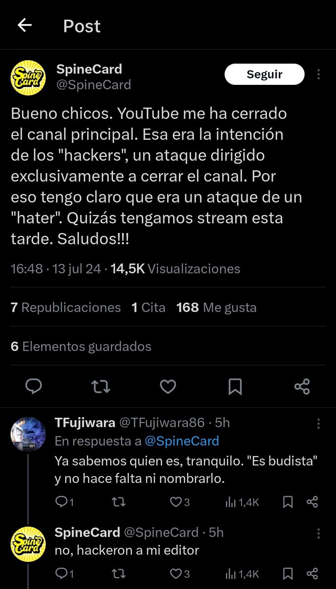 Los budistas ni nos alegramos el mal ajeno ni lo provocamos, <a href="/TFujiwara86/">TFujiwara</a>. 

Eso no quita que tengamos que parar los pies a quien toque.

Mi deseo es que pueda recuperar su canal lo antes posible y que lo recupere completo para que sigáis disfrutando de las cosas buenas que pone.
