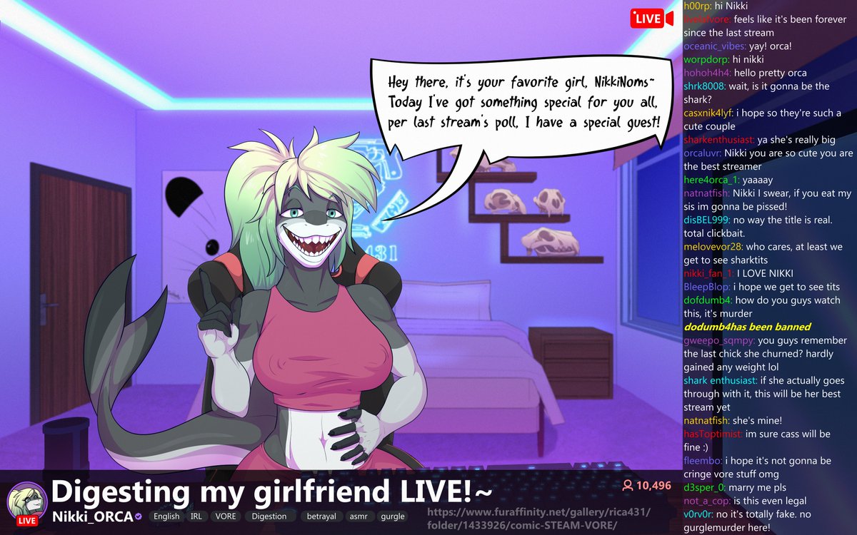 STREAM VORE 1/11
CASSETTE broke in and demanded that I help her make a live stream with her girlfriend DORAM. I realized that a lot of work awaits and now you can see another COMIC sequence!

You can already have the access to the first 4 pages of the STREAM Vore on MY PATRE!