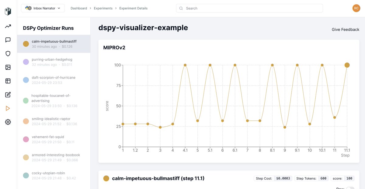 _rchaves_'s tweet image. MIPROv2 now also officially supported by DSPy Visualizer!

(nevermind those 100% accuracy results, it was a tiny batch test, that or MIPROv2 is trully amazing 😁)

#dspy #llm