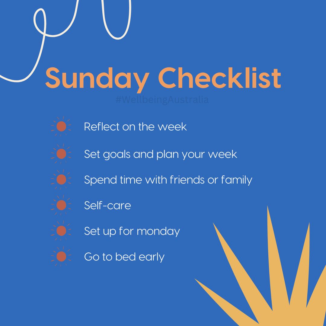 WellbeingOz's tweet image. Ready to conquer the week ahead! 

Here&apos;s your Sunday Checklist for a successful week:
📆 Reflect on the week
🎯 Set goals and plan your week
👨‍👩‍👧‍👦 Spend time with loved ones
💆‍♂️ Self-care
✨ Set up for Monday
😴 Go to bed early

#SundayChecklist #SelfCare #GoalSetting