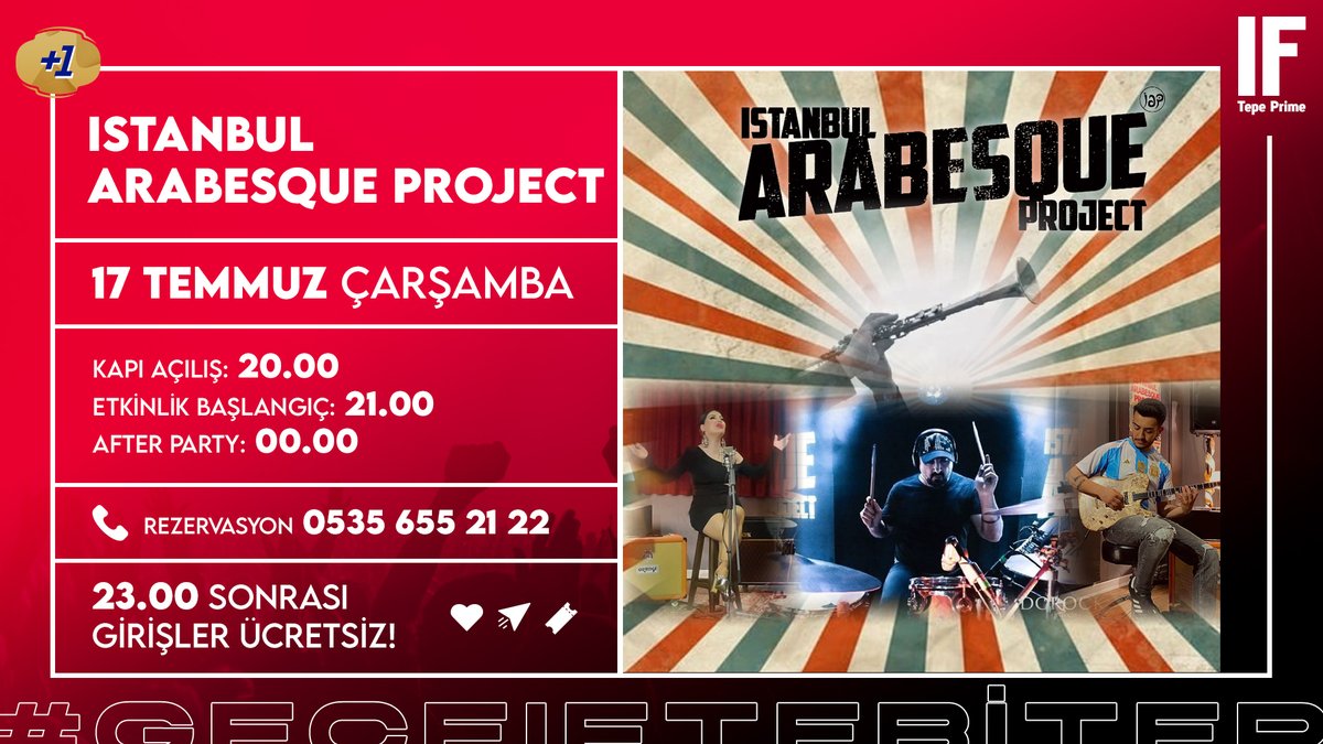 "ISTANBUL ARABESQUE PROJECT" <a href="/istarabesque/">Istanbul Arabesque Project</a>
17 Temmuz Çarşamba akşamı saat 21'de IF Tepe sahnesinde!
Biletler ifperformance.com/etkinlik/610/i…
Bistro rezervasyonlarınız için 05356552122 no'lu tlf'dan detaylı bilgi alabilirsiniz... 
#IstanbulArabesqueProject #IAP #kırmızıyakoş