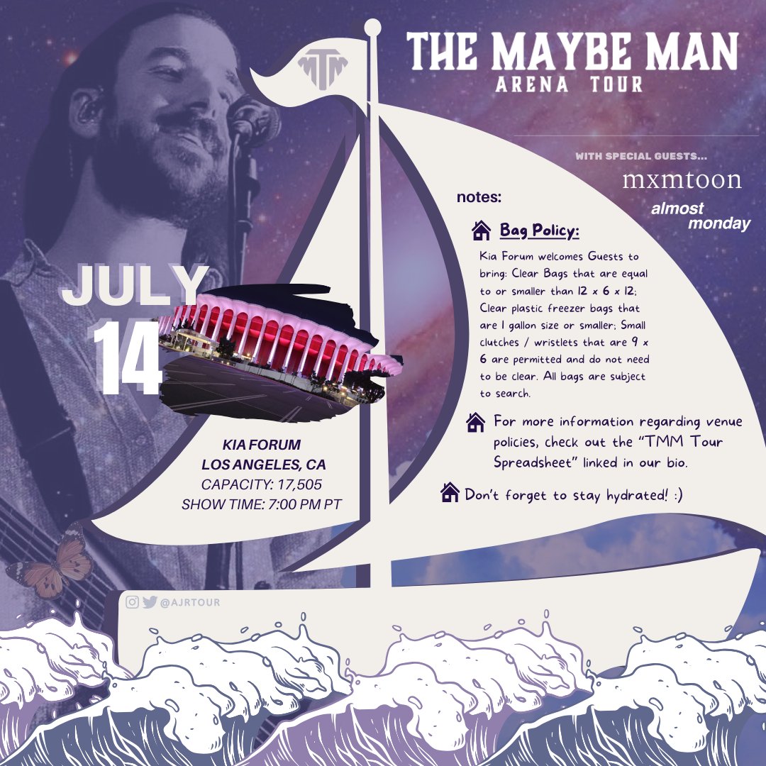AJRTour's tweet photo. 📍 #TMMLA
The Maybe Man Arena Tour is hitting its next stop tonight in Los Angeles, California! Who’s going? 🌊💜 @AJRBrothers

🚪DOORS: 6:00 PM PT
🎫 VIP: please check your emails for specific arrival time instructions. https://t.co/H7w6iW17Ow