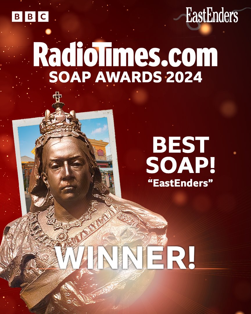 bbceastenders's tweet photo. 🙌🥳 We are utterly over the moon to announce that #EastEnders has won Best Soap at the @RadioTimes #SoapAwards 2024! 🥳🙌 Thank you to everyone who voted, we love you all! #BestSoap @BBCiPlayer @BBCOne @chris_clenshaw https://t.co/gakFGMiZrF