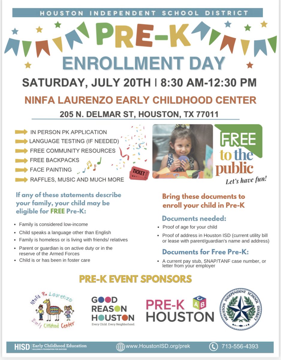 NinfaLaurenzoECC (@laurenzoecc) on Twitter photo We will hosting a PRE-K ENROLLMENT EVENT July 20 from 8:30-12:30pm.
Join us!
Ninfa Laurenzo ECC
205 N. Delmar St. Houston Tx 77011
Tendremos día de inscripciones el sábado, 20 de julio de 8:30am a 12:30pm No se lo pierdan. <a href="/Dr_JDavila/">Dr. Josefa Dávila</a> @HISDECH <a href="/HISDEspanol/">HISD Español</a> @HISDEnroll We will hosting a PRE-K ENROLLMENT EVENT July 20 from 8:30-12:30pm.
Join us!
Ninfa Laurenzo ECC
205 N. Delmar St. Houston Tx 77011
Tendremos día de inscripciones el sábado, 20 de julio de 8:30am a 12:30pm No se lo pierdan. <a href="/Dr_JDavila/">Dr. Josefa Dávila</a> @HISDECH <a href="/HISDEspanol/">HISD Español</a> @HISDEnroll