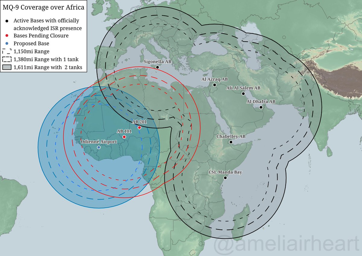 ameliairheart's tweet photo. The US withdrawal from two bases in Niger leaves a gap over Western Africa in MQ-9 surveillance coverage. A recent article from @lemondefr claims that the US is planning to move to the Ivory Coast, filling most of the coverage gaps. https://t.co/hgw60oSyNk