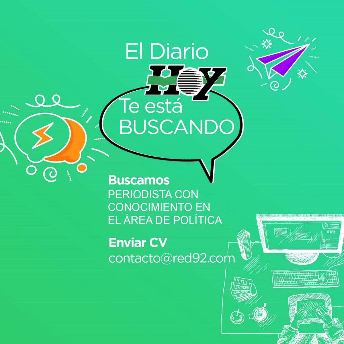 RED92cadadiamas's tweet photo. 🗞️📢 #DiarioHOY #TeBusca Estamos buscando periodistas con conocimiento en el área de Política.
📩Envía tu CV a contacto@red92.com
📄Sumate al diario más importante de la ciudad de La Plata. Trabajá con nosotros.
👥¡Te estamos esperando!! https://t.co/OK8hOoszKg