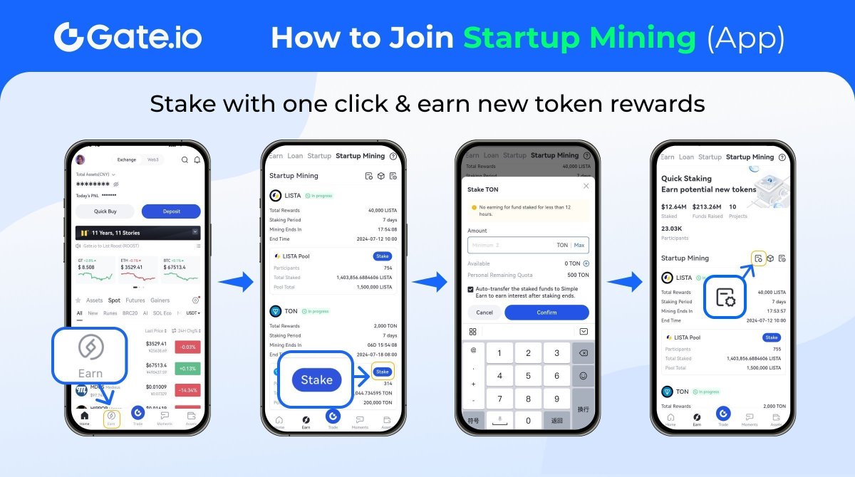 Gate's tweet image. #NewUserGuide 📖 How to join Startup Mining on Gate.io App ⤵️

➡️ Click "Earn" → "Startup Mining"
➡️ Click "Stake"
➡️ Input your desired staking amount &amp;amp; confirm
➡️ Check your staking rewards!

Earn new tokens now: gate.io/startup-mining

#Gateio #StartupMining