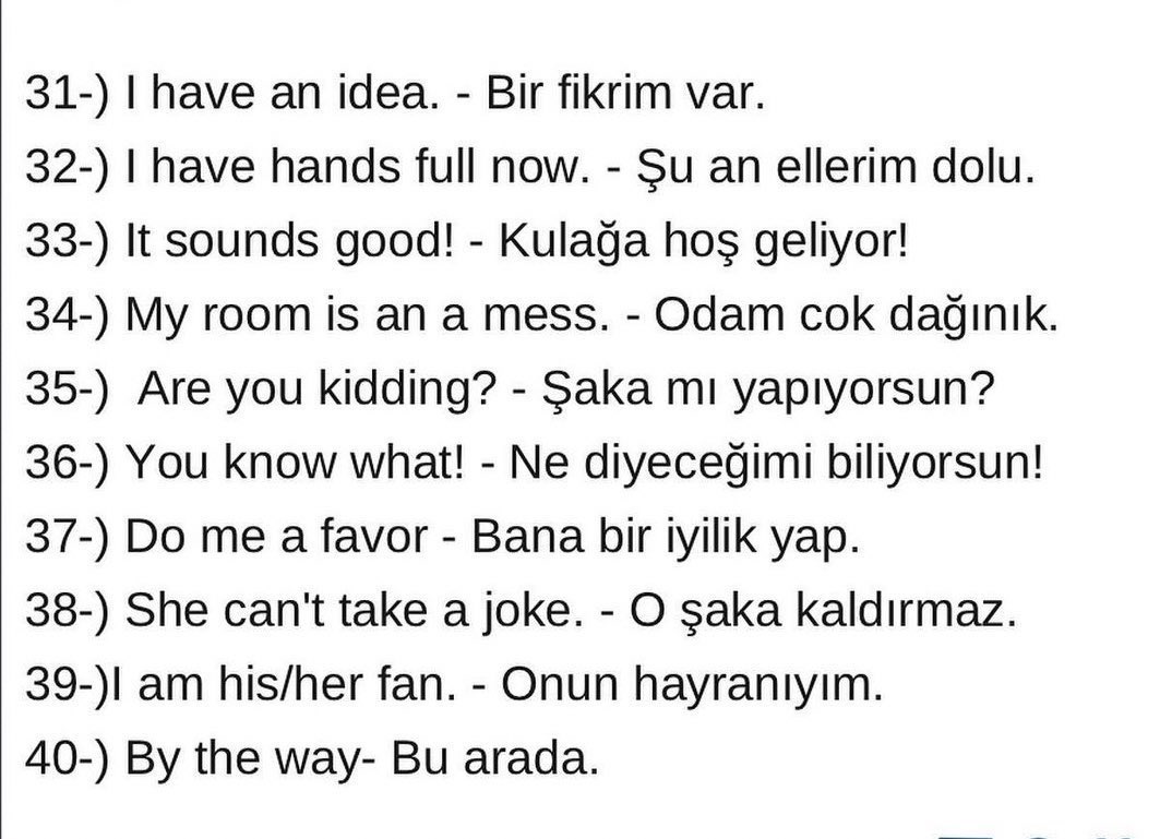 engIishx's tweet photo. 📌 İngilizce’deki mutlaka bilmeniz gereken 40 kalıp listeledik. Kaydedin lazım olur. ✅ https://t.co/MpDTwa5FMq