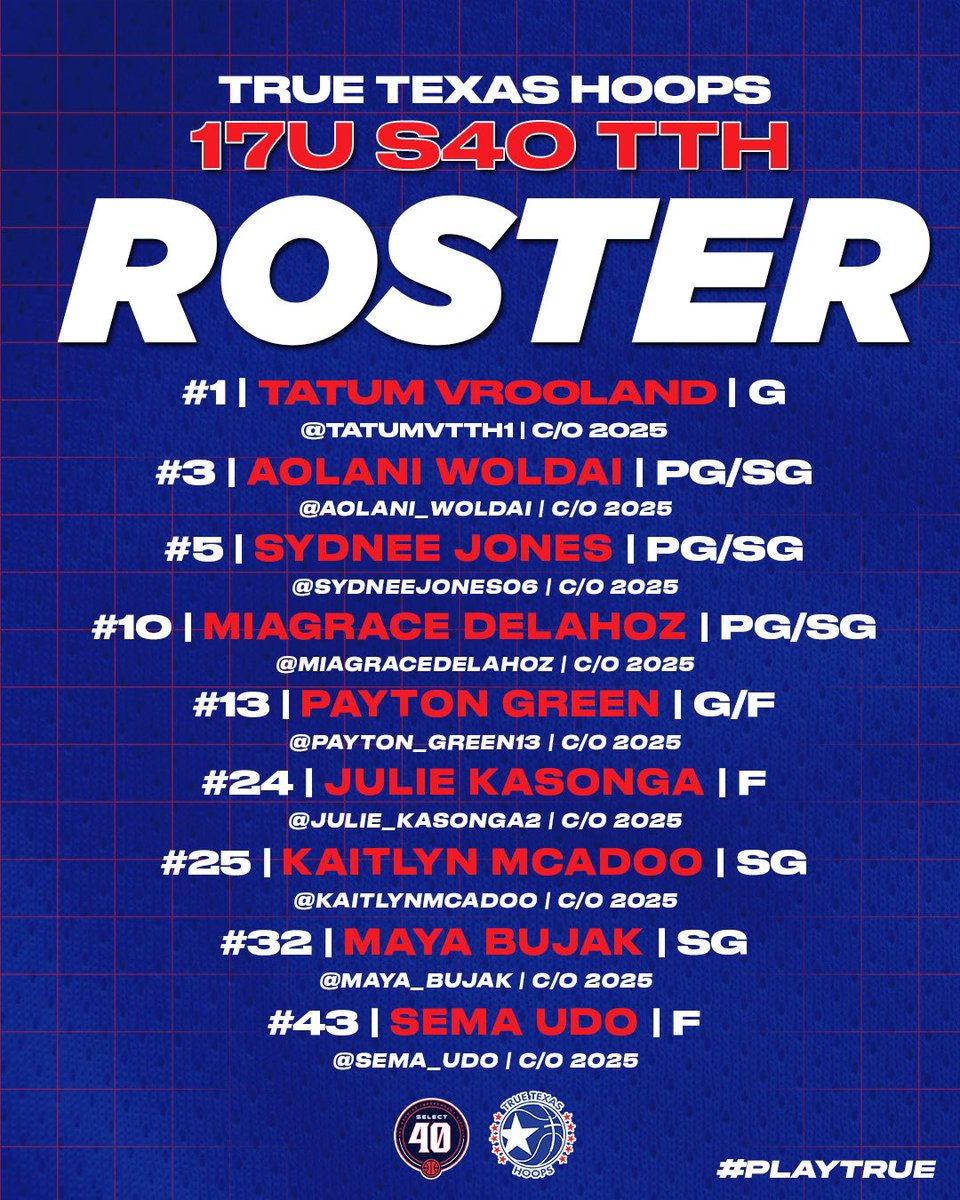 True Texas Hoops | Select 40 Circuit (@truetexashoops) on Twitter photo S40 SESSION II SCHEDULE
๐ Ohio
๐๏ธ July 14โ15
๐ True Texas Hoops 17U S40
๐น Coach <a href="/MrsBoyd32/">Casey Jackson Boyd</a>
Tatum Varoonland
<a href="/aolani_woldai/">AolaniWoldai</a>
<a href="/sydneejones06/">Sydnee Jones</a>
<a href="/MiaGraceDelahoz/">MiaGrace Delahoz</a>
<a href="/payton_green13/">payton</a>
<a href="/julie_kasonga2/">Julie Kasonga</a>
<a href="/kaitlynmcadoo/">Kaitlyn</a>
<a href="/Maya_Bujak/">Maya Bujak</a>
<a href="/sema_udo/">Sema Udo</a> S40 SESSION II SCHEDULE
๐ Ohio
๐๏ธ July 14โ15
๐ True Texas Hoops 17U S40
๐น Coach <a href="/MrsBoyd32/">Casey Jackson Boyd</a>
Tatum Varoonland
<a href="/aolani_woldai/">AolaniWoldai</a>
<a href="/sydneejones06/">Sydnee Jones</a>
<a href="/MiaGraceDelahoz/">MiaGrace Delahoz</a>
<a href="/payton_green13/">payton</a>
<a href="/julie_kasonga2/">Julie Kasonga</a>
<a href="/kaitlynmcadoo/">Kaitlyn</a>
<a href="/Maya_Bujak/">Maya Bujak</a>
<a href="/sema_udo/">Sema Udo</a>