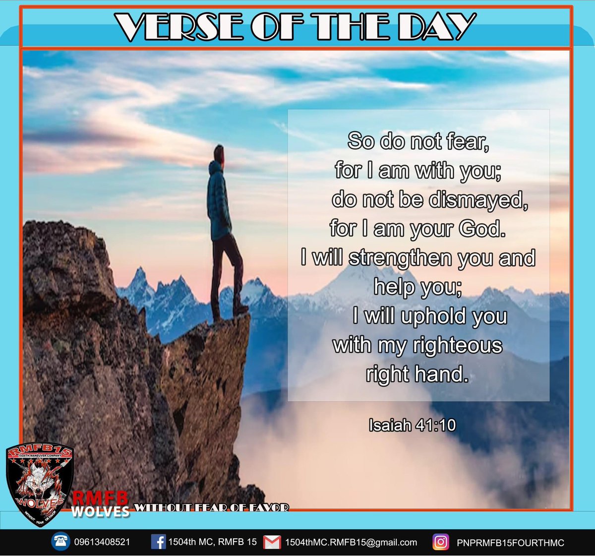 NadzAben's tweet photo. Verse of the day!

So do not fear, for I am with you; do not be dismayed, for I am your God. I will strengthen you and help you; I will uphold you with my righteous right hand. - Isaiah 41:10

#ToServeandProtect
#RMFB15Cares https://t.co/KcOm5CuZCm