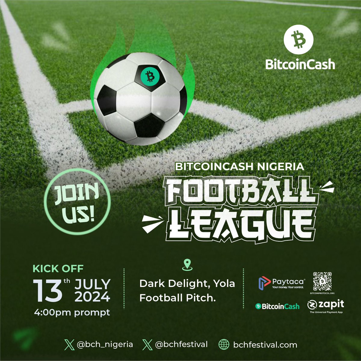 BchFestival's tweet photo. 🎉🏆 KickOff  BCH Football League Competition 🏆🎉

Thrilled to announce the launch of the @bch_nigeria  Local Community Football League Competition , kicking off today at 4:00 PM at the Dark Delight Football Pitch in Yola Nigeria . #BCHFL #BitcoinCash https://t.co/PpYr7XWtmx