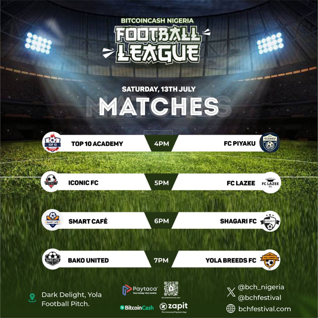 BchFestival's tweet photo. 🎉🏆 KickOff  BCH Football League Competition 🏆🎉

Thrilled to announce the launch of the @bch_nigeria  Local Community Football League Competition , kicking off today at 4:00 PM at the Dark Delight Football Pitch in Yola Nigeria . #BCHFL #BitcoinCash https://t.co/PpYr7XWtmx