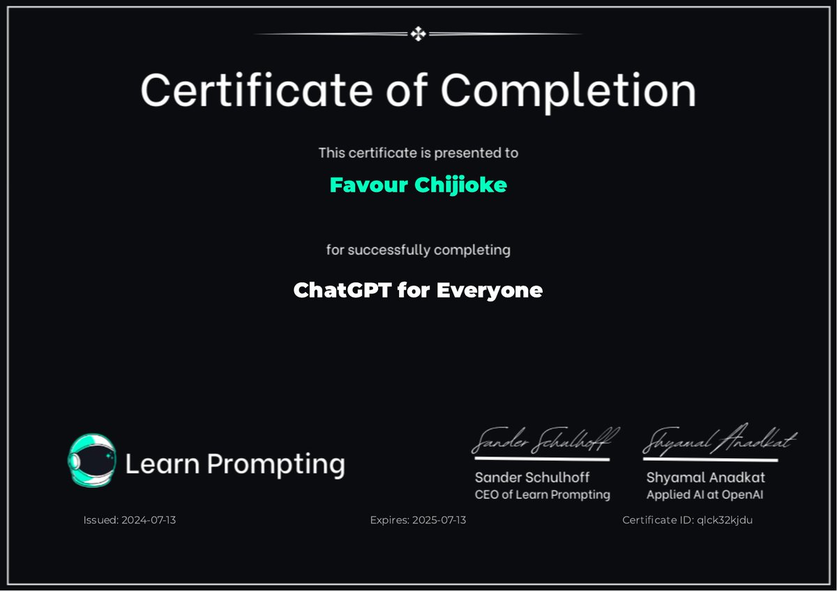 _AshFire's tweet image. Thrilled to announce that I’ve completed the ChatGPT for Everyone course offered by @LearnPrompting, which was created in collaboration with @OpenAI. 

Excited to apply my new GenerativeAI skills to real-world AI projects. 

Certificate of Completion: 
learnprompting.thinkific.com/certificates/q…