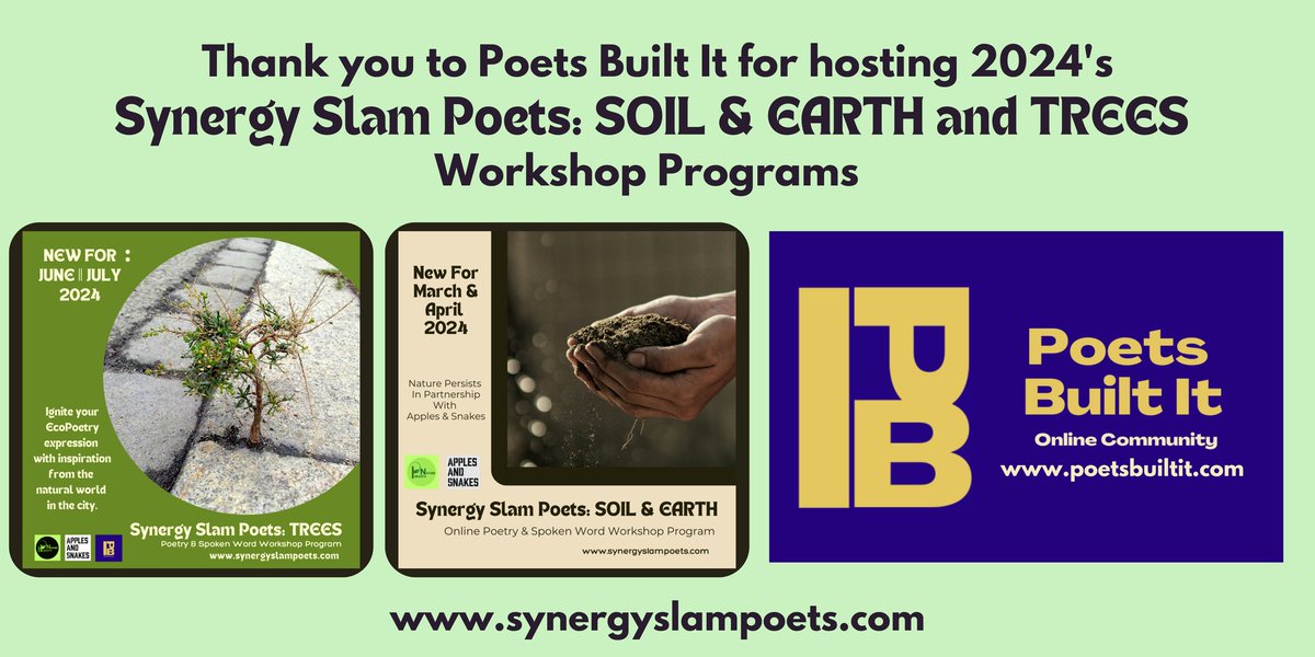 The 4 weeks of Synergy Slam Poets: TREES Workshop Program is over. Hosted by <a href="/PoetsBuiltIt/">Poets Built It</a>.
See some of the programs resources in HERE synergyslampoets.com/trees-blog-res…
Or sign up to Synergy Slam Poets: TREES HERE - synergyslampoets.com/sign-up

#SynergySlamPoets
#SynergySlamPoetsTREES24