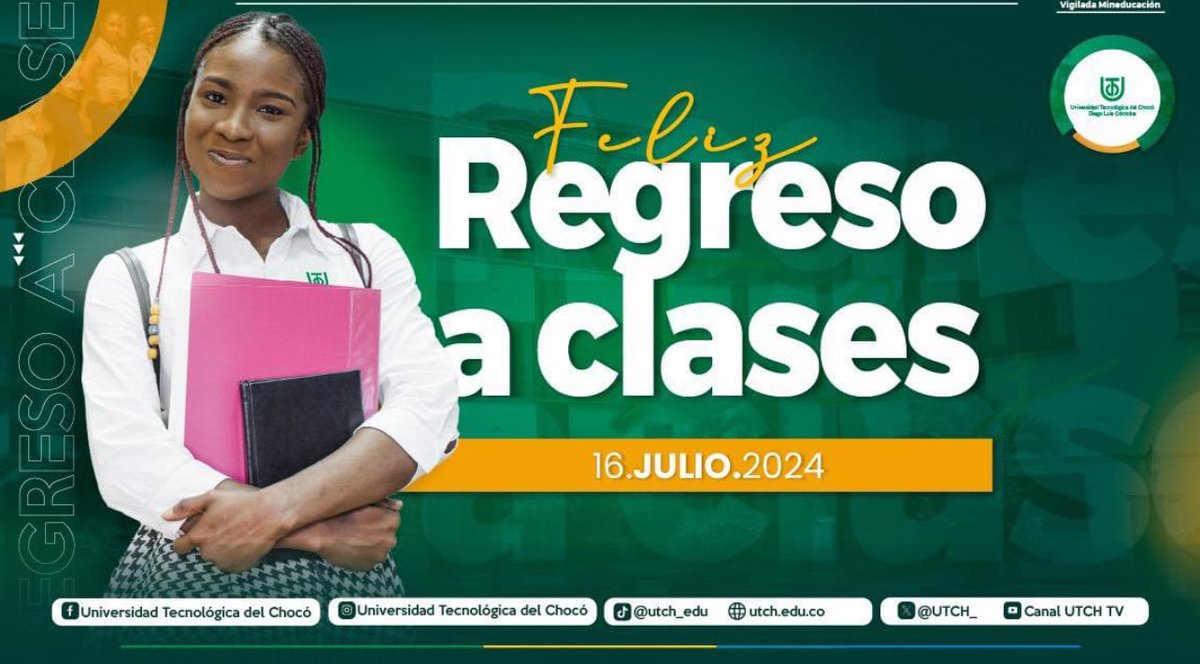 Hola amigos, los esperamos este 16 de julio para retomar las actividades académicas. ¡Nos vemos!
<a href="/UTCH_/">Universidad Tecnológica del Chocó</a> <a href="/Manduqueromenor/">Periódico el Manduco</a> <a href="/EmisoraUtch/">Radio Universidad del Chocó 97.3 fm</a>