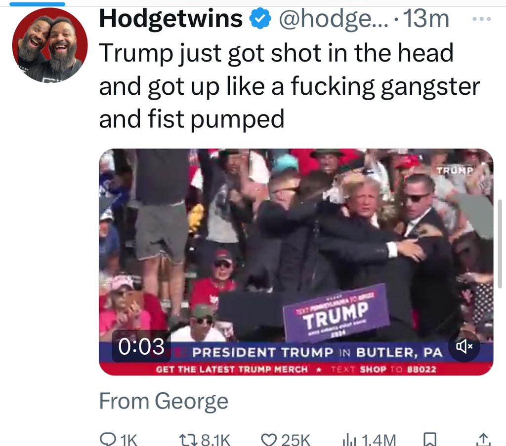 jobagdonuts's tweet image. This better be real and not a staged political stunt because right now it’s looking like a staged political stunt.
Either that or these people are soulless…
TRUMP GOT SHOT