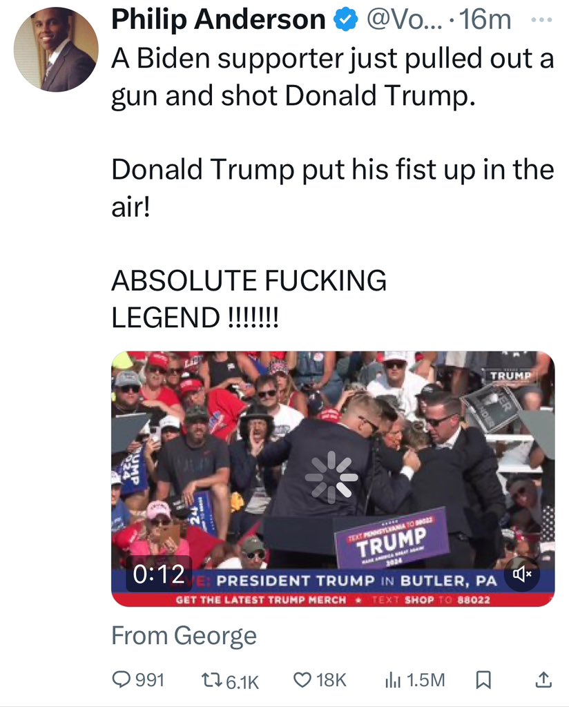 jobagdonuts's tweet image. This better be real and not a staged political stunt because right now it’s looking like a staged political stunt.
Either that or these people are soulless…
TRUMP GOT SHOT