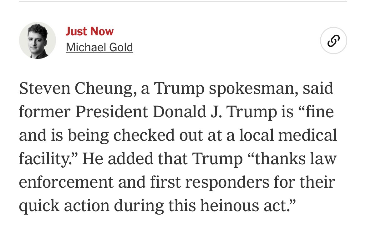 It’s good to hear that Trump is ok. Political violence is always dangerous and must always be condemned. 

I hope we can all stay calm and wait for more information. Jumping to any premature conclusions seems unwise.