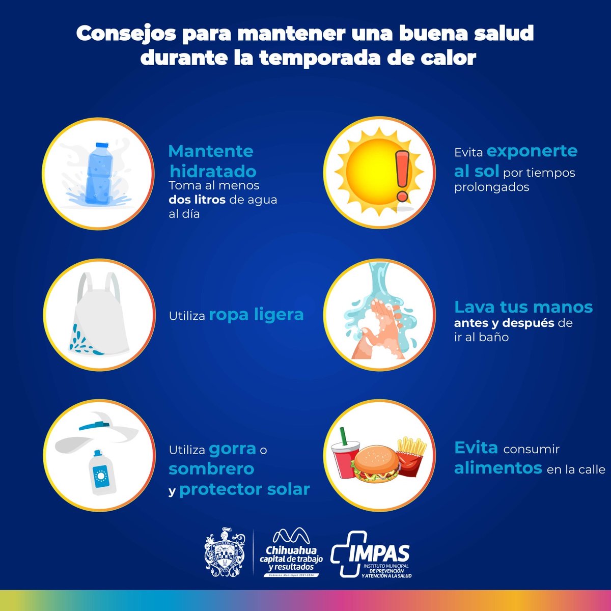 chihuahuampio's tweet photo. ¡El #IMPAS te recomienda seguir estos consejos para mantener una buena salud en temporadas de calor!☀️🌡️Recuerda que cuidar de ti y de los tuyos es lo más importante. ¡Disfruta del verano con responsabilidad y bienestar!🌻🌞
#TrabajoyResultados https://t.co/Q0xDcR6dX4