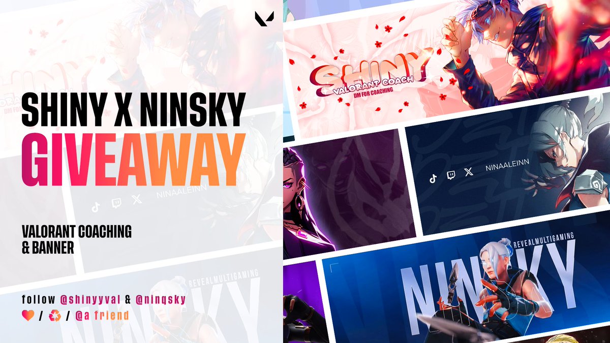 🚨 SHINY X NINSKY GIVEAWAY 🚨

🎁 Win a Valorant Coaching Session &amp; a Custom Banner! 🎨

To Enter:
Follow @shinyyval &amp; <a href="/ninqsky/">TOG ninsky 🌺</a>
❤️ Like this tweet
♻️ Retweet this tweet
 @ Tag a friend

Don't miss your chance to improve your game! 📈

Thank you for 500 Followers 💜

#Valorant