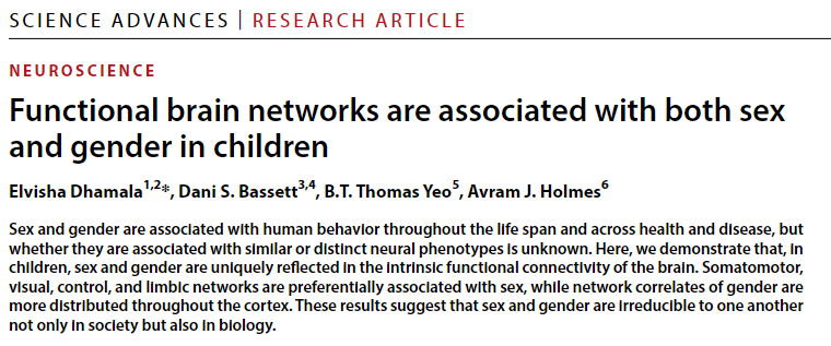 NTFabiano's tweet photo. These findings are from a study in @ScienceAdvances which used data from 4,800 children to evaluate associations between functional brain networks, binary assigned sex at birth, and gender along a continuum. https://t.co/epVNLEmZyh 2/11 https://t.co/C3Tn98Tv4x