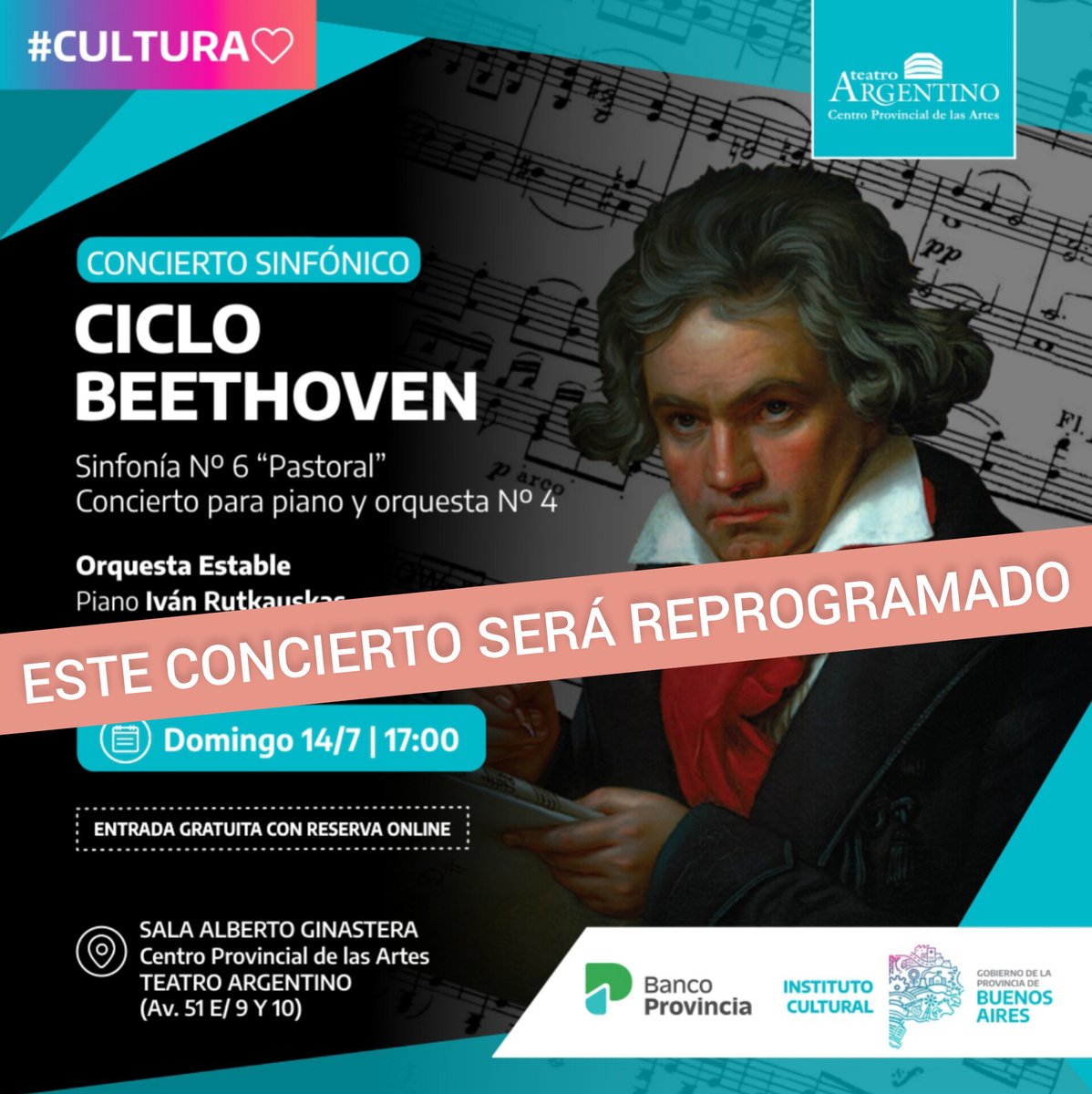 TeatroArgentino's tweet photo. Estimado #público:
Se informa que el concierto anunciado para mañana domingo no se llevará a cabo y será reprogramado.
Desde ya agradecemos siempre su presencia.
#reprogramacion #concierto https://t.co/heAZr5oM7E