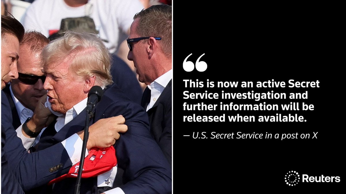 Reuters's tweet photo. Donald Trump is safe and protective measures have been implemented around him after an incident at a campaign rally for the former US president on Saturday in Pennsylvania, the US Secret Service said https://t.co/ELYuWKWyzf https://t.co/MtG7xexz9Q