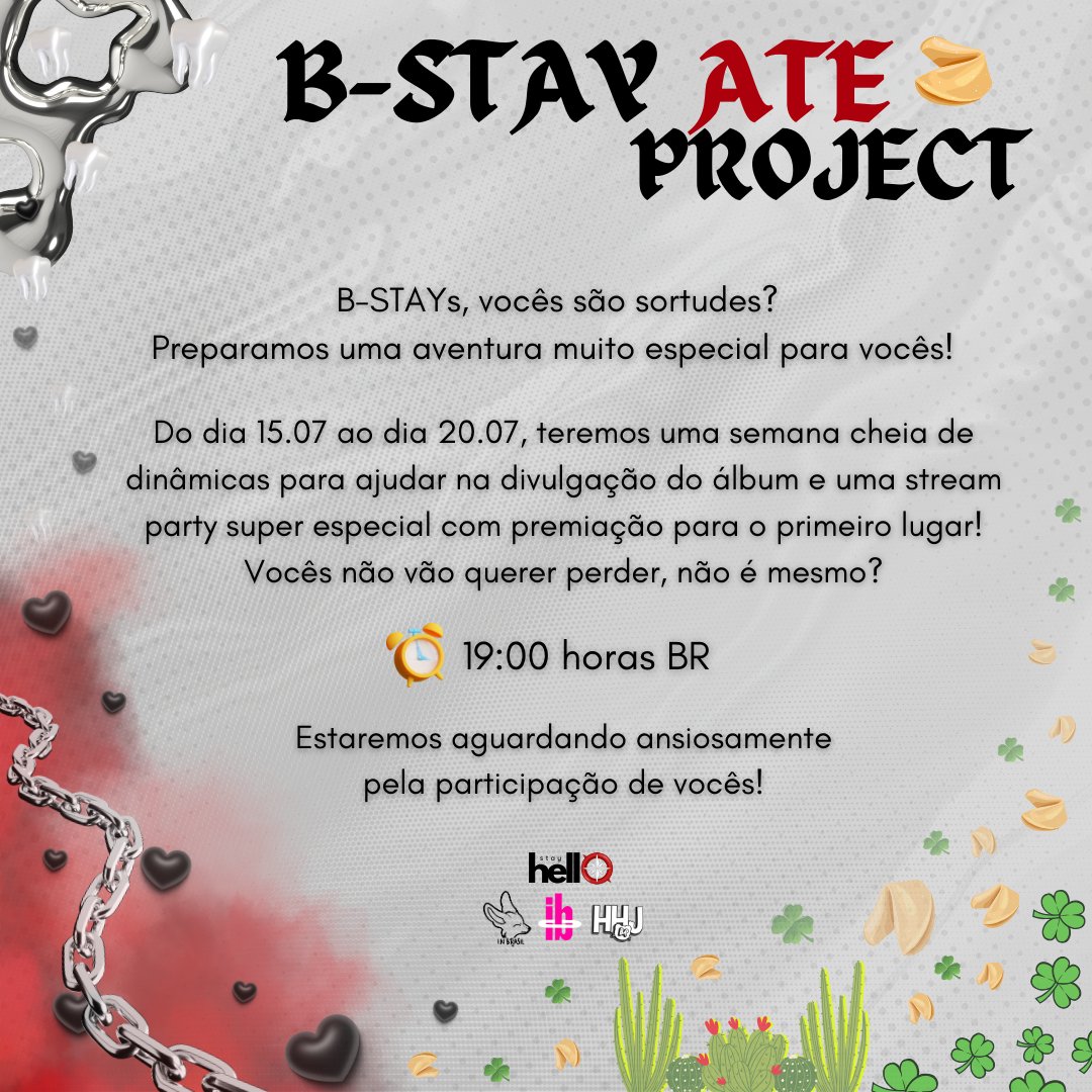 HelloStayBR's tweet photo. B-STAY 𝗔𝗧𝗘 PROJECT 🥠 

STAYs, em parceria com as fanbases @JeonginBR, @InfoHyunjin, @InfoBangChan e com a loja @vistanabi, preparamos um projeto especial para o mais novo comeback do Stray Kids! 

Leiam às informações no banner abaixo e fiquem atentos! 🍀

#StrayKids #스트레이키즈 #ATE #ChkChkBoom @Stray_Kids