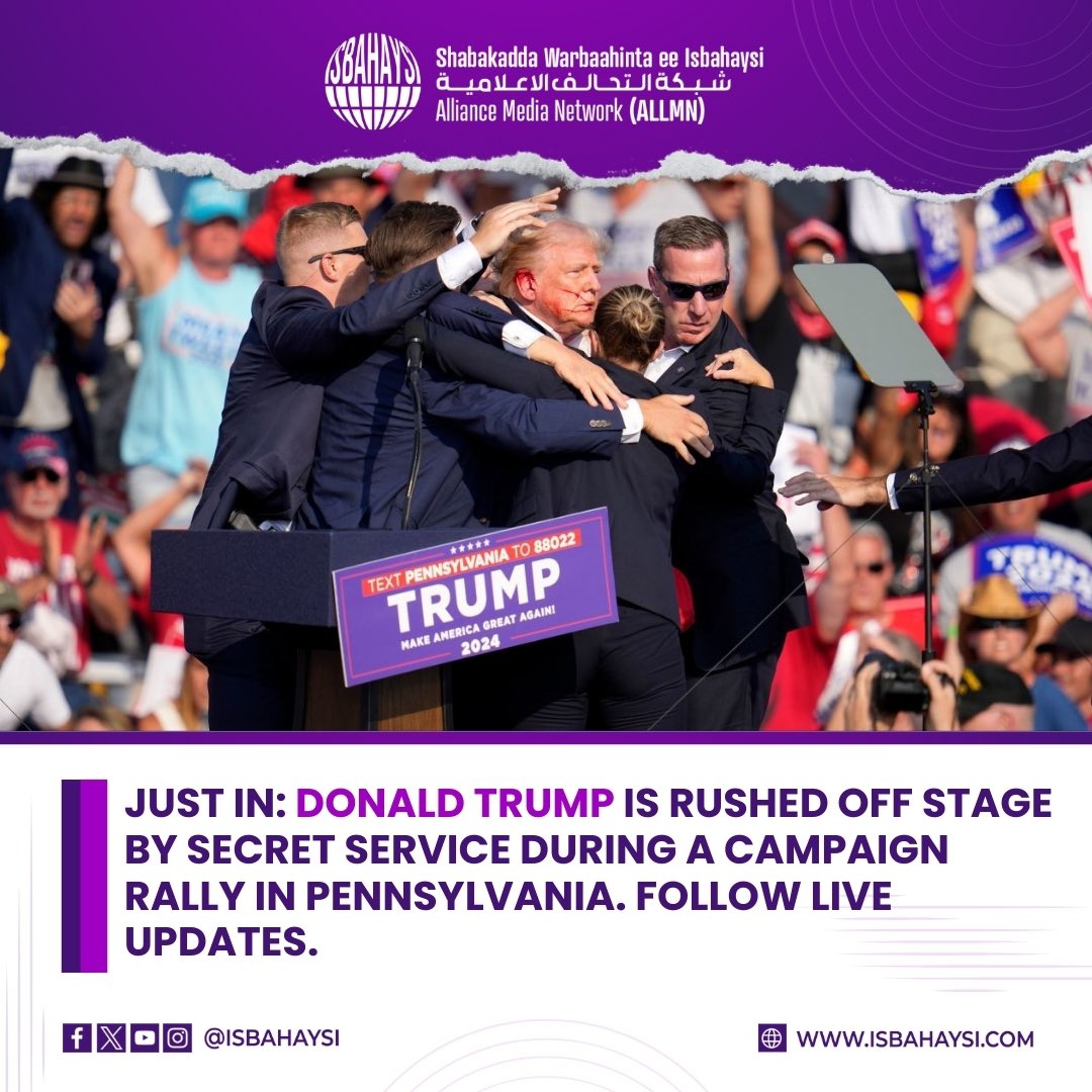 TheIsbahaysi's tweet photo. Trump appeared to be bleeding from his ear as he was taken off stage after an apparent shooting at a rally in Pennsylvania. Trump’s campaign has released a statement saying he is ‘fine’ and being assessed at a medical facility. https://t.co/dLg8CTiQAW