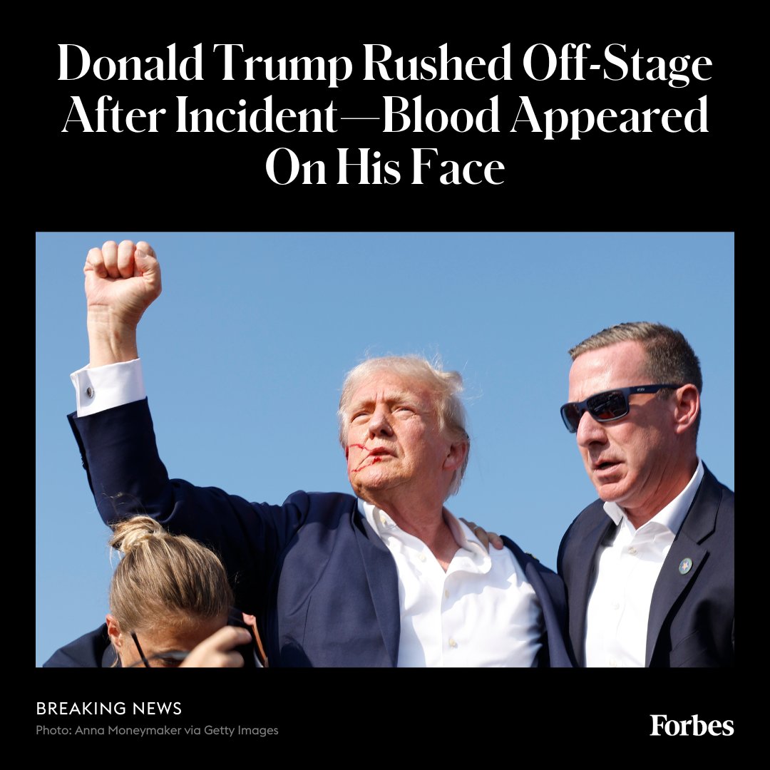 Forbes's tweet photo. Former President Donald Trump was escorted off stage by Secret Service during an incident at a Pennsylvania rally Saturday that seemed to leave him bleeding from near his right ear, though Trump’s campaign has said he is fine following the incident. https://t.co/DZCitea3bU https://t.co/qMcIuYT7Yy