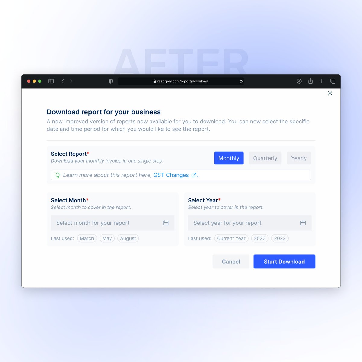 duttadesign's tweet photo. 🚀 Redesigned Razorpay Invoice report generation 🚀

💼 Problem: Businesses need to download their Monthly Invoice for accounting and tax filing purposes, but the current self-serve dashboard is cumbersome.

#uidesign #uxdesign #razorpay #fintech #invoicing #simplifieddesign https://t.co/ArOyq8wJqV