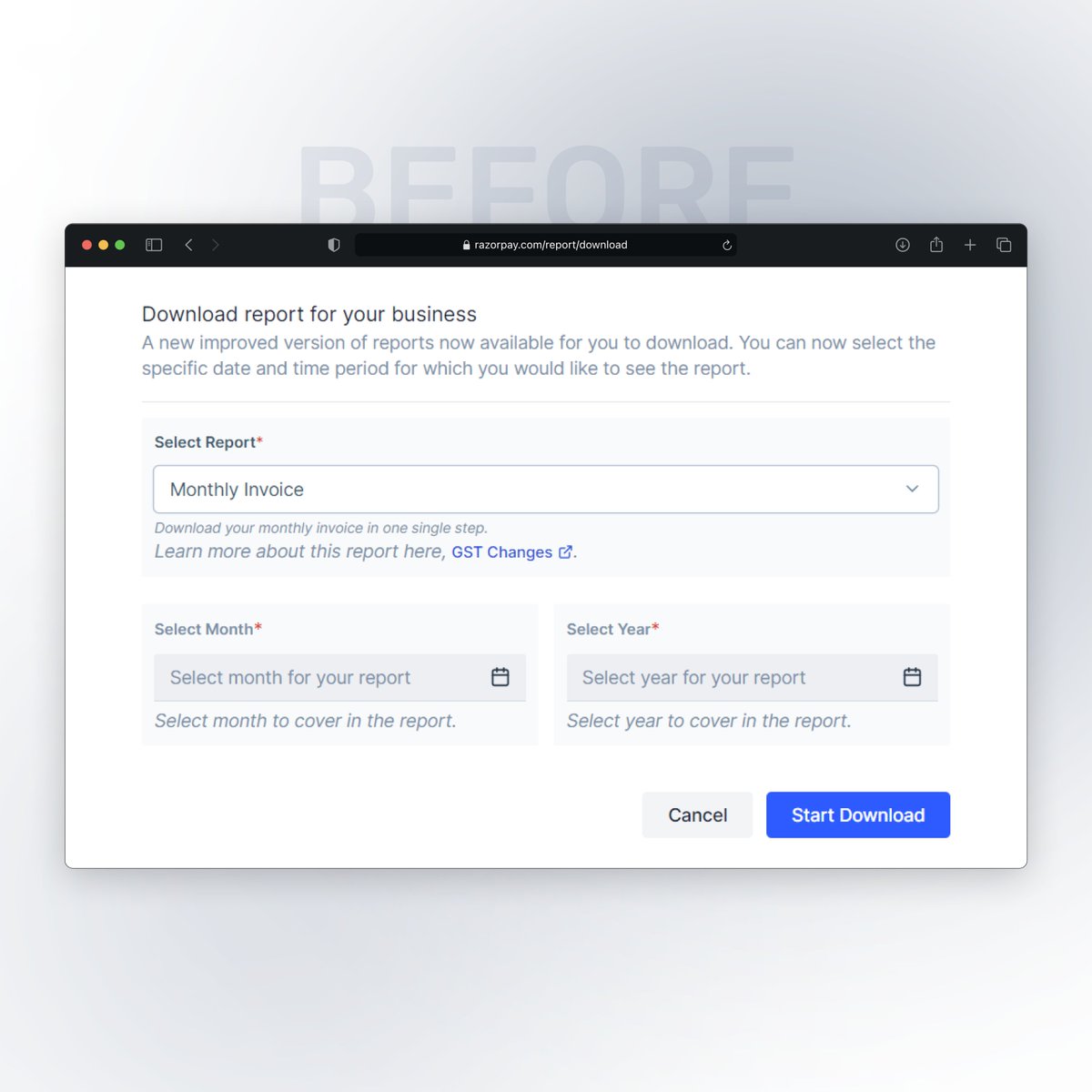 duttadesign's tweet photo. 🚀 Redesigned Razorpay Invoice report generation 🚀

💼 Problem: Businesses need to download their Monthly Invoice for accounting and tax filing purposes, but the current self-serve dashboard is cumbersome.

#uidesign #uxdesign #razorpay #fintech #invoicing #simplifieddesign https://t.co/ArOyq8wJqV