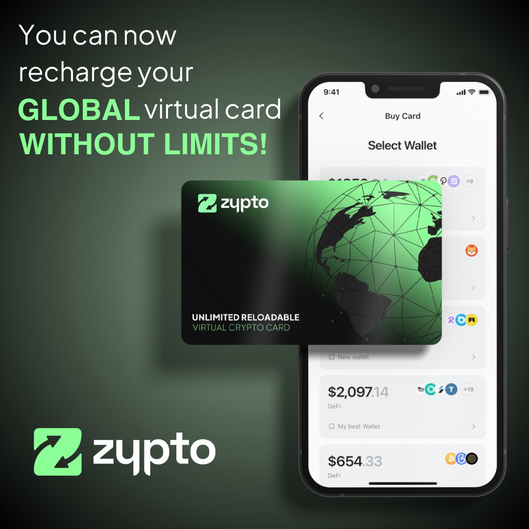 BestCryptoCard's tweet photo. Global Unlimited Reloadable Virtual Crypto Card turns your crypto into real world spending power.

✔️ Shop anywhere Visa is accepted.
✔️ Spend without limits.
✔️ Reload instantly with crypto.
✔️ Use your phone to pay.

$Zypto: Your crypto, your way.

#BestCryptoCard https://t.co/9lFHhzZFbS
