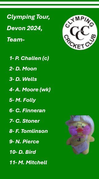 ClympingCC's tweet photo. BONJOUR, BONJOUR!
Breakfast has been had,
Mademoiselle Audi Duck has been greeted,
And here is the Team for todayโs game against the Exeter Geriatrics.
One change seeโs J. Tomlinson in for N. Pierce.
#UpThePing #AgeBeforeBeauty https://t.co/GVGhrIeHxc