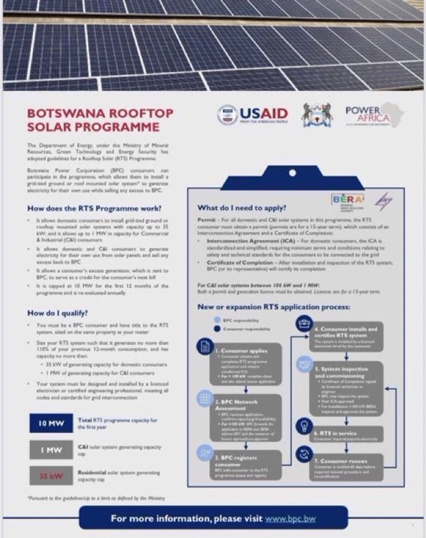 #SunDay DYK YOU TO can take advantage of the new <a href="/BPCBw/">Botswana Power Corporation</a> solar program 2024 &amp; reduce your energy costs.
To qualify :
✅Use an approved system designed &amp;  installed by an ERB registered solar engineering team 
✅ Have a pre or post paid BPC meter
✅ No outstanding account with BPC