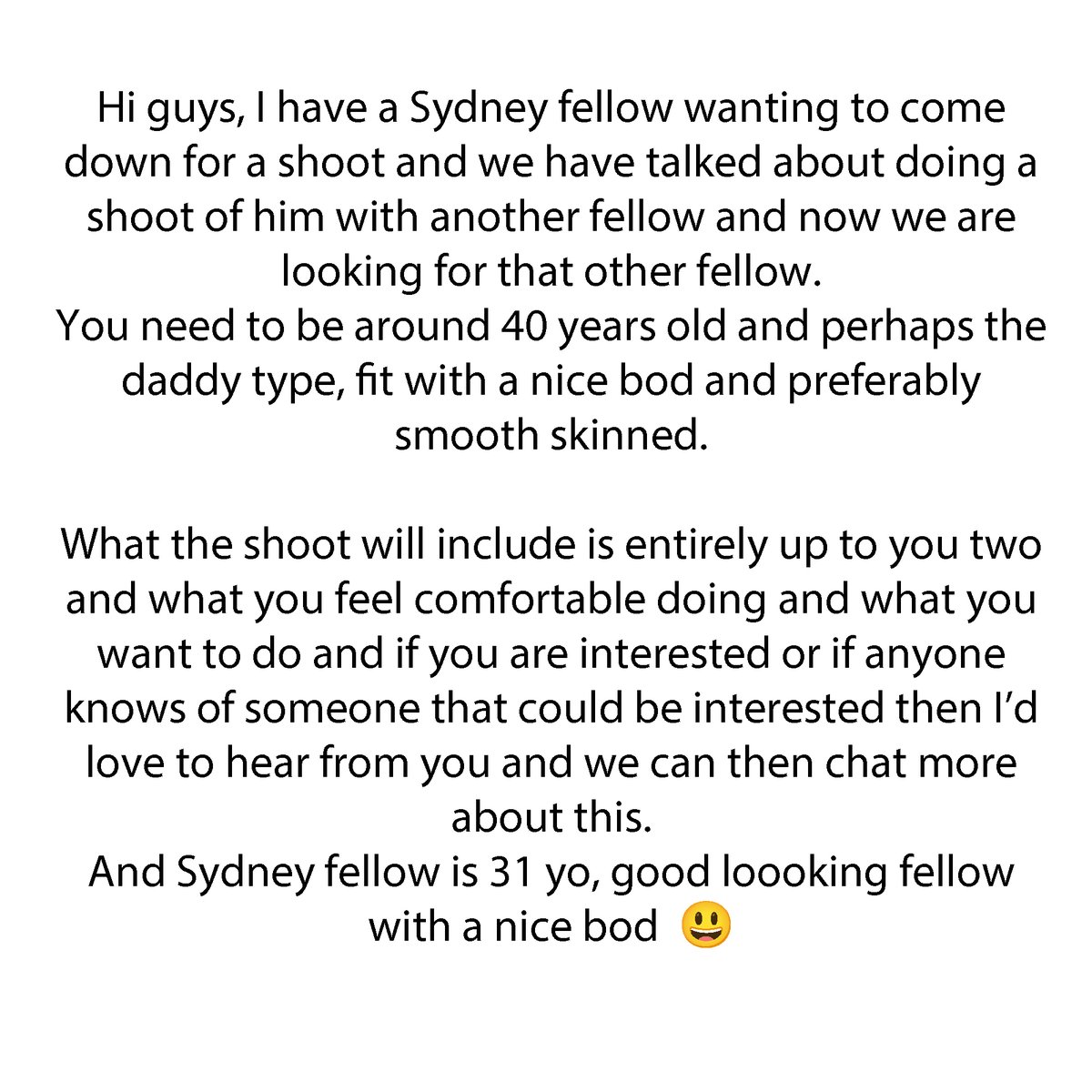 It's been a while since I last posted here and just in case some of you are still out there, a Daddy is needed for a shoot with a gorgeous Sydney fellow here in Melbourne