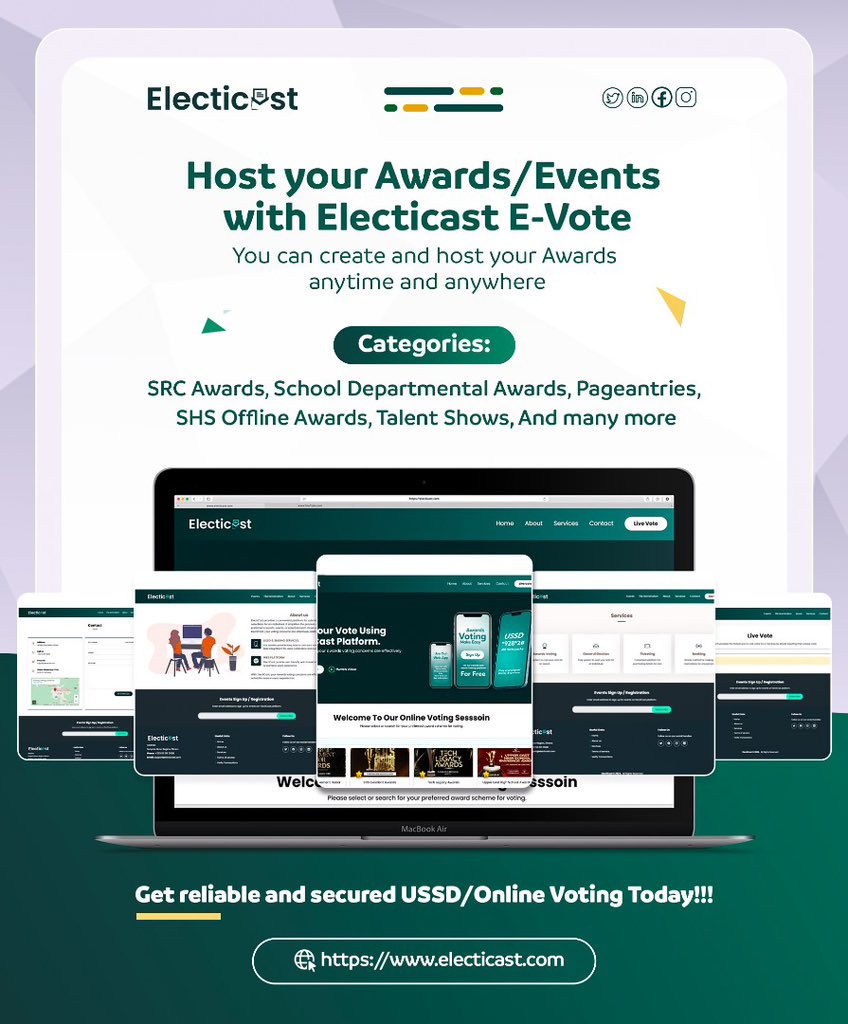 ElecticastEvent's tweet photo. @Gen_Buhari_ Host your Awards/Events with Electicast E-Vote.
You have the flexibility to create and host your awards at any time and from any location. 
Our services cover various categories,School,Organizational Awards, Pageantries, SHS, et al. 
https://t.co/glhLUfLDtw info@electicast.com https://t.co/faRgrIDbNX