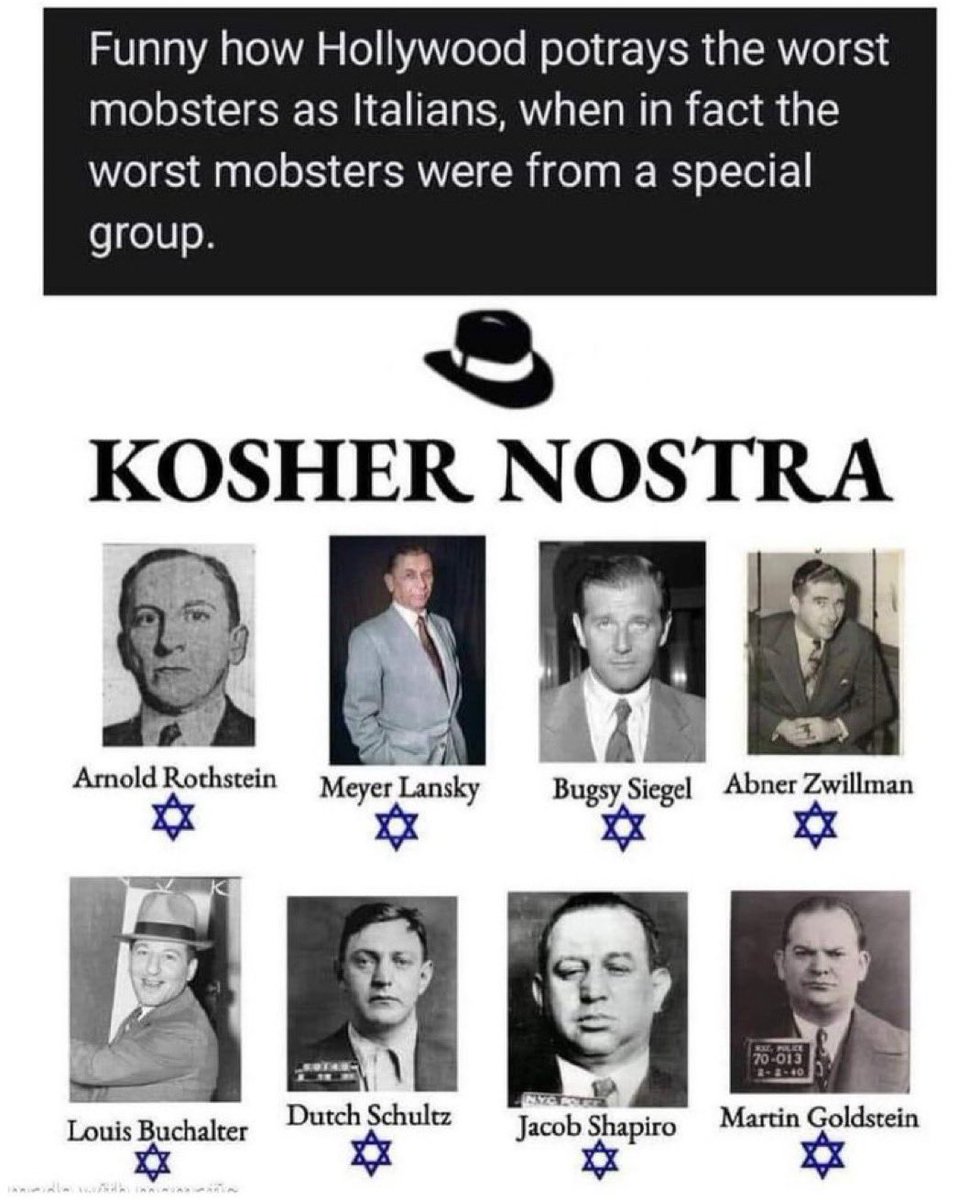 Truthtellerftm's tweet photo. 🚨✡️The KOSHER NOSTRA ran the show behind the scenes while the Italians made more noise and took more heat!

✡️The Real Mafia is the “Jewish” Mafia. Zionist Jewish Controlled Media Fingerpointing at Italians But the Zionist “Jews” Controlled the Italian Mafia!

✡️In the book The Jewish Mafia,  Hervé Ryssen reveals the extent of how powerful the Jewish Mafia really is, and who really are mafias by other names are in actuality the Jewish Mafia, the most important being the “Russia Mafia”. When people say the Russian mafia they of course mean the Jewish Mafia. The term “Russia Mafia” is code for Jewish Mafia. But the term Jewish Mafia seems to seldom be used. I WONDER WHY THAT IS?

✡️ Ryssen has compiled the thousands of facts in his book primarily from Jewish sources—including some the Tribe does not want non-Jews to read.

✡️ PERHAPS TO HIDE THE TORAH NOSTRA CRIMES OF THE 1930s gangsters such as: Arms dealing, racketeering, contract murder, drug dealing, money laundering, pimping, casinos, pornography, kidnapping, burglary, armed robbery, diamond swindles, white slaving, smuggling, African slave trading, blood diamond mining, trafficking in stolen artwork etc.

#Mafia #Jewish