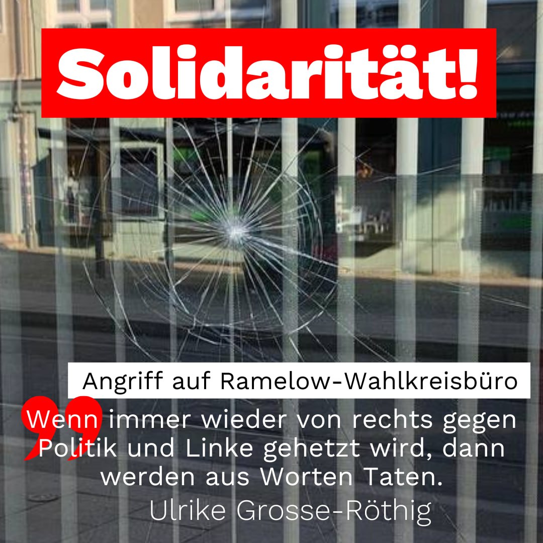 Angriff auf Wahlkreisbüro von <a href="/bodoramelow/">Bodo Ramelow</a>, <a href="/KarolaStange/">Karola Stange</a> &amp; @BlechschmidtA: "Wenn  immer wieder von rechts pauschal gegen die Politik &amp; gegen Linke gehetzt wird, dann werden irgendwann aus Worten auch Taten", sagt unsere Vorsitzende Ulrike <a href="/GrosseRoethig/">Ulrike Grosse-Röthig</a>: stern.de/gesellschaft/r…