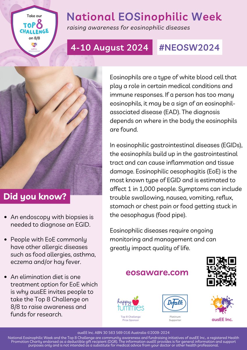 ausEEorg's tweet photo. National Eosinophilic Week is only 2 weeks away! Please check out our #NEOSW2024 website and use our resources like this poster to help raise community awareness and support vital eosinophilic disease research through our #Top8Challenge fundraiser: https://t.co/zJbwrQgxTd https://t.co/CRRX4kLEqx
