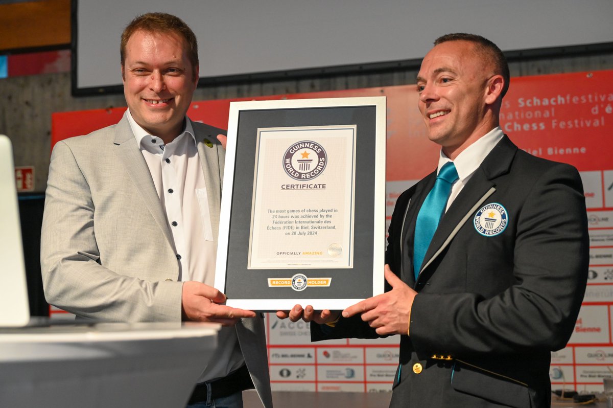 We have broken the GUINNESS WORLD RECORDS for the most chess games played in 24 hours! 🥳 ♟️ 💯
#FIDE100 

🗣️"The International Chess Federation has achieved a total score of 5.4 million games played in 24 hours, making it a new GUINNESS WORLD RECORDS title. Congratulations!"