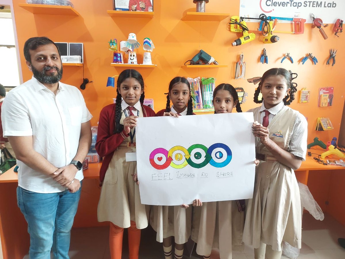 CleverTap's tweet photo. Recently 30 students from #MeruAcademyofEducation created amazing #designthinking visuals. From understanding problems to crafting colorful solutions, they showcased their talent. Thanks to our #CTzen @p3nm9i &amp; everyone who ensured they learned something new &amp; valuable! #CTCares https://t.co/4e2ReaVGo4