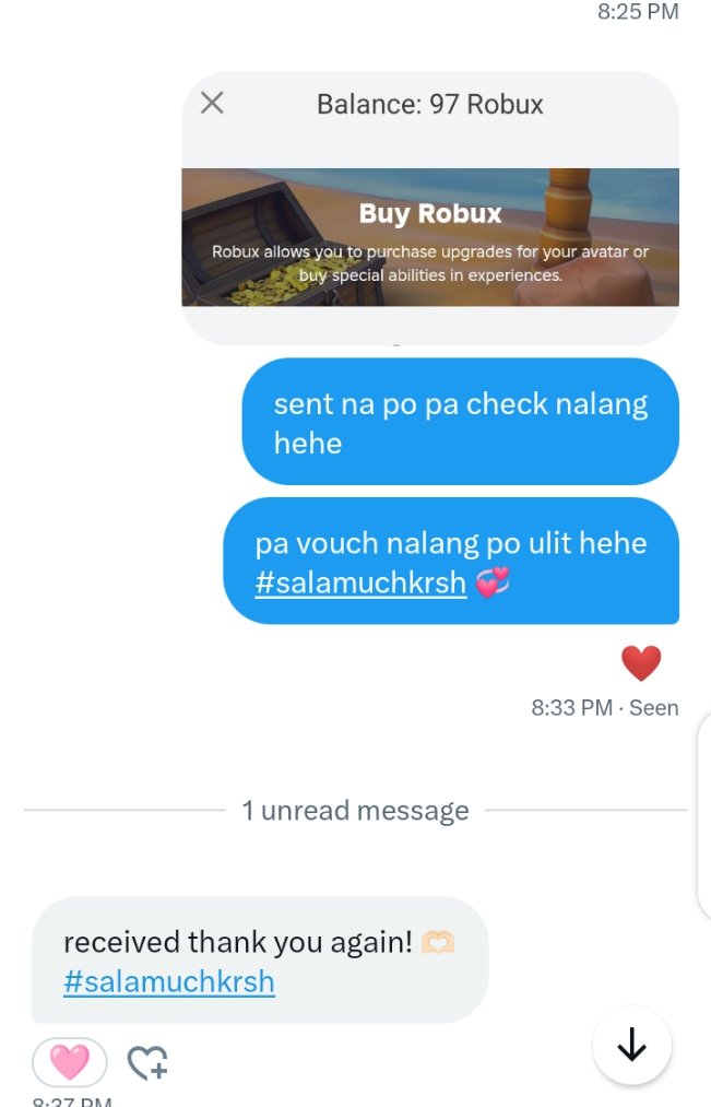 Snluvlyy's tweet photo. { #salamuchkrsh }
80 robux sold via direct log in &amp; 250 robux sold via game pass ! Thank u sm for trusting 💞 https://t.co/ByxhZj0kmF